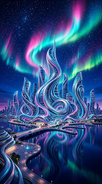 Surreal Wave Cityscape with Neon Aurora Sky - Free mobile Wallpaper