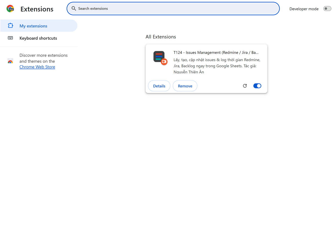 Extension T124 đã nạp trong chrome://extensions