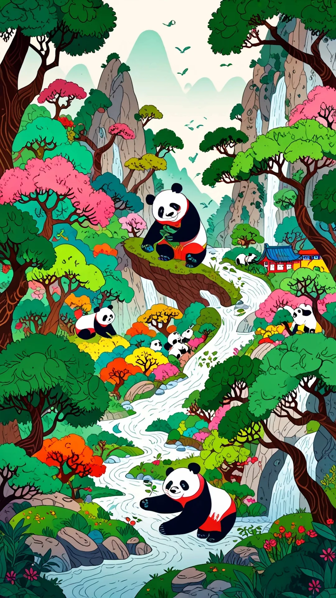 Joyful Pandas Colorful Forest Waterfall Stream Illustration - Free 4K mobile Wallpaper