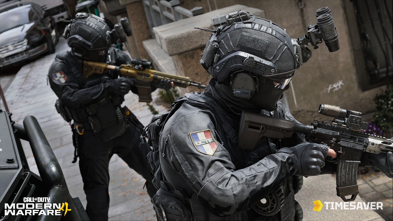 Modern Warfare 4 operators advancing through close-quarters urban combat