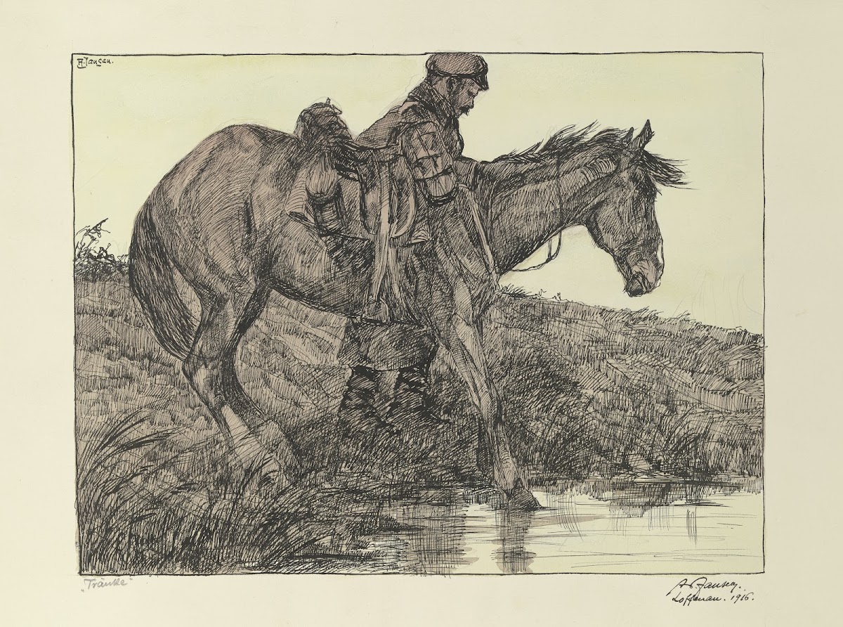 Tränke Soldat mit Pferd am Wasser 1916