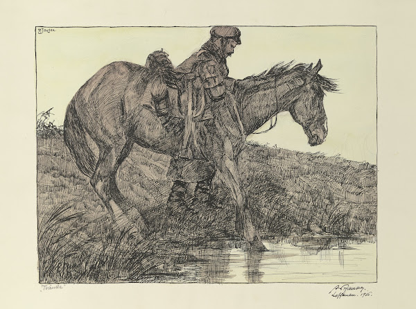 Tränke Soldat mit Pferd am Wasser 1916