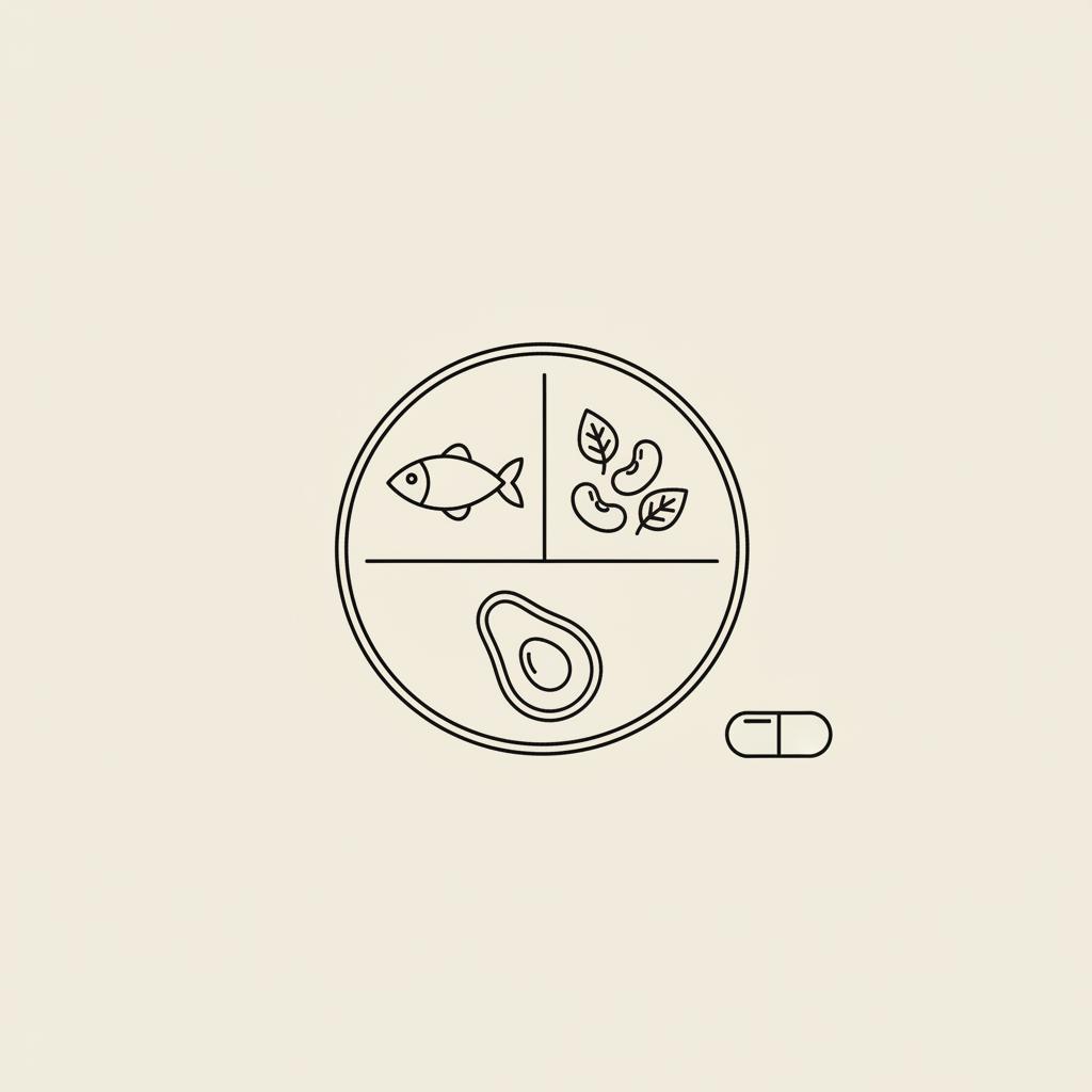 Minimalist vector line plate divided into protein, fiber (vegetables/beans), and healthy fat with a small capsule nearby on beige background — early signs of insulin resistance
