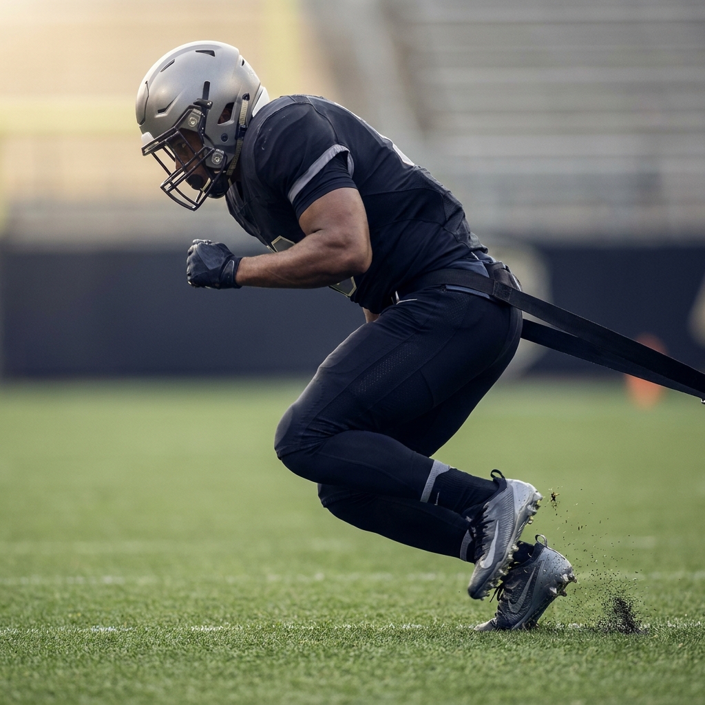 Close up of a player performing a resisted sled sprint on turf emphasizing explosive first step drive in a clean minimal Funded Plays aesthetic american football tips