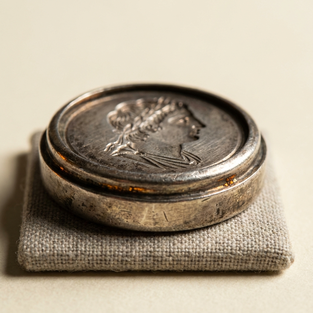 Close up macro of a silver intaglio in a worn bezel showing carved detail and patina side lit to reveal texture minimal composition ancient wedding rings