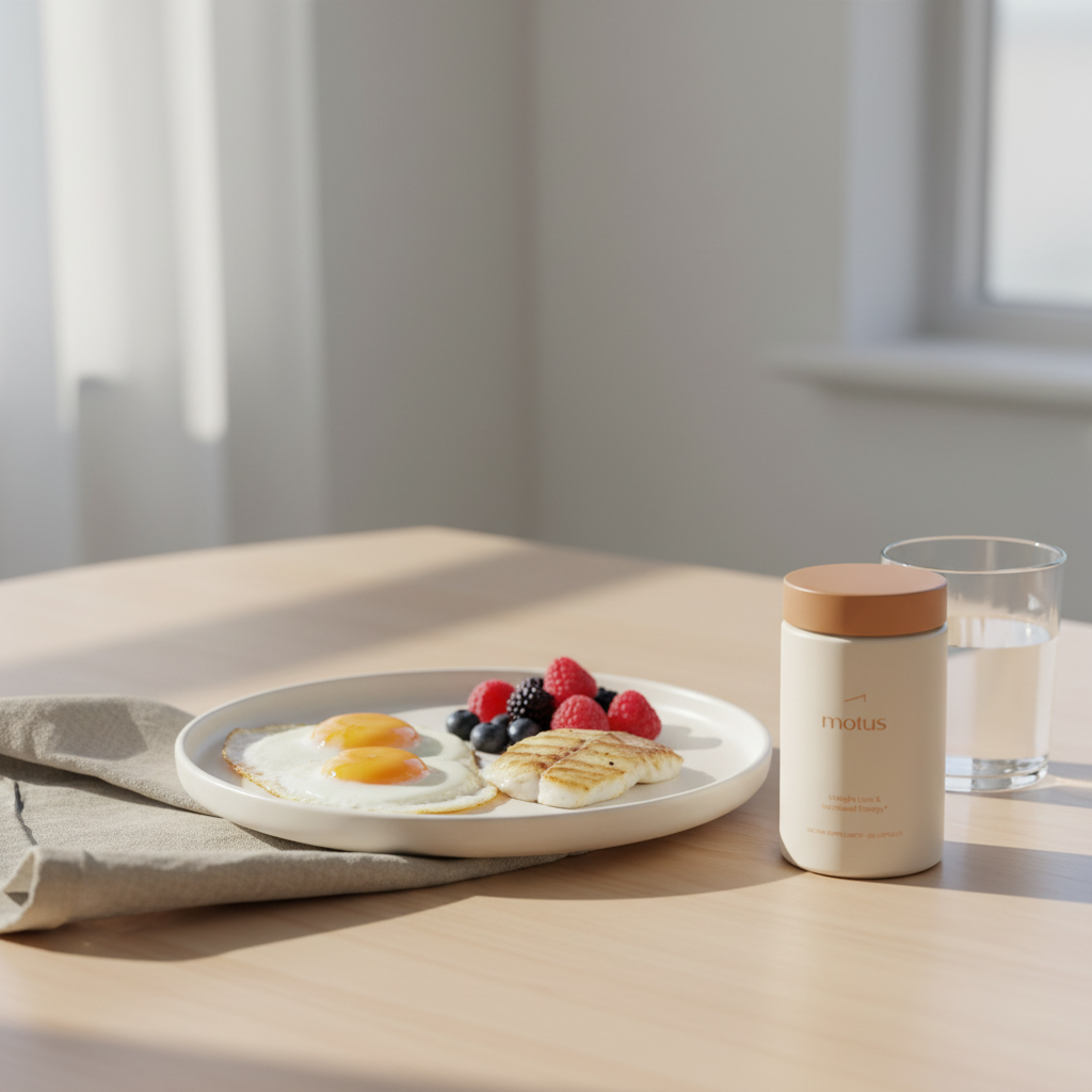 Minimalist breakfast scene with Tonum Motus supplement beside eggs, berries and grilled fish illustrating a metabolic balance diet morning routine
