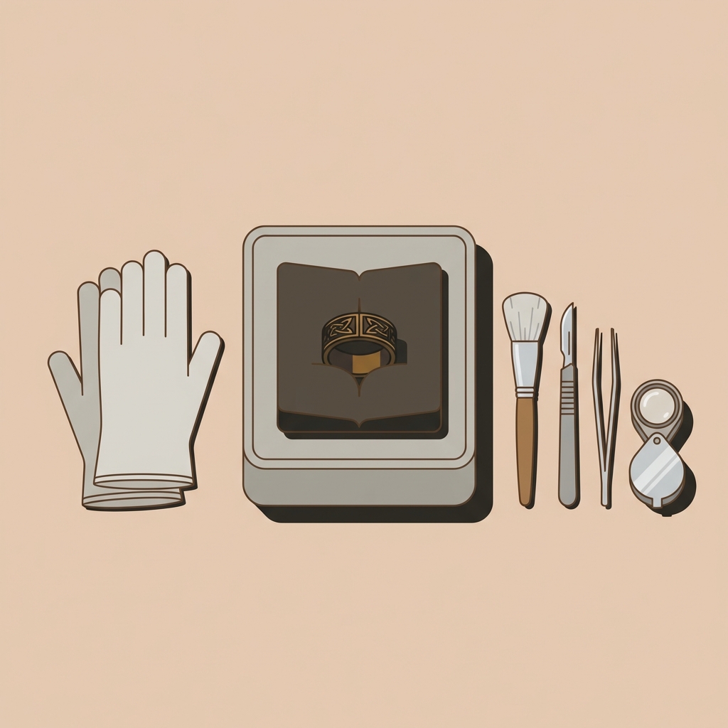 Minimalist 2D vector conservation workbench with gloves tools and a small padded box holding an ancient celtic ring on a warm ede7da background