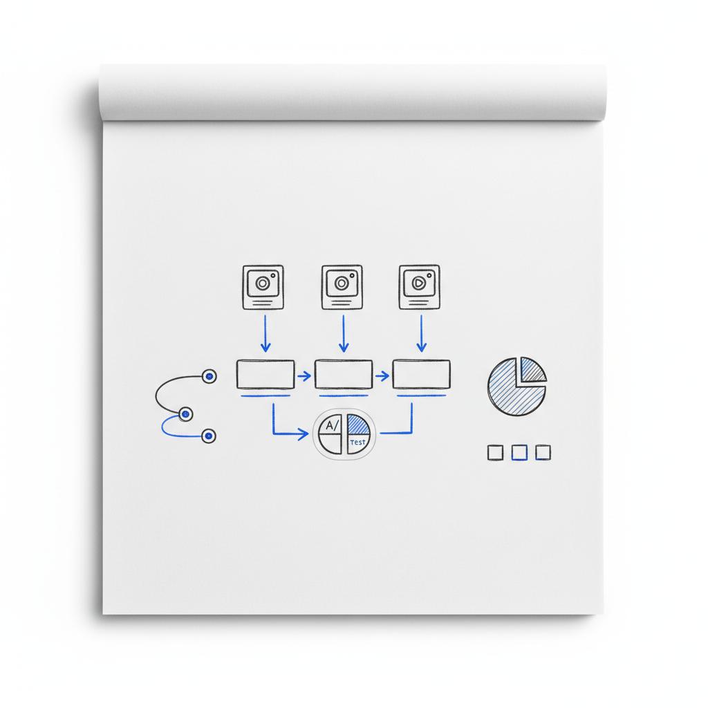 Top-down planner sketches showing Instagram Reels thumbnails, A/B test stickers and flow arrows illustrating Instagram advertising ROI strategy on a clean white background
