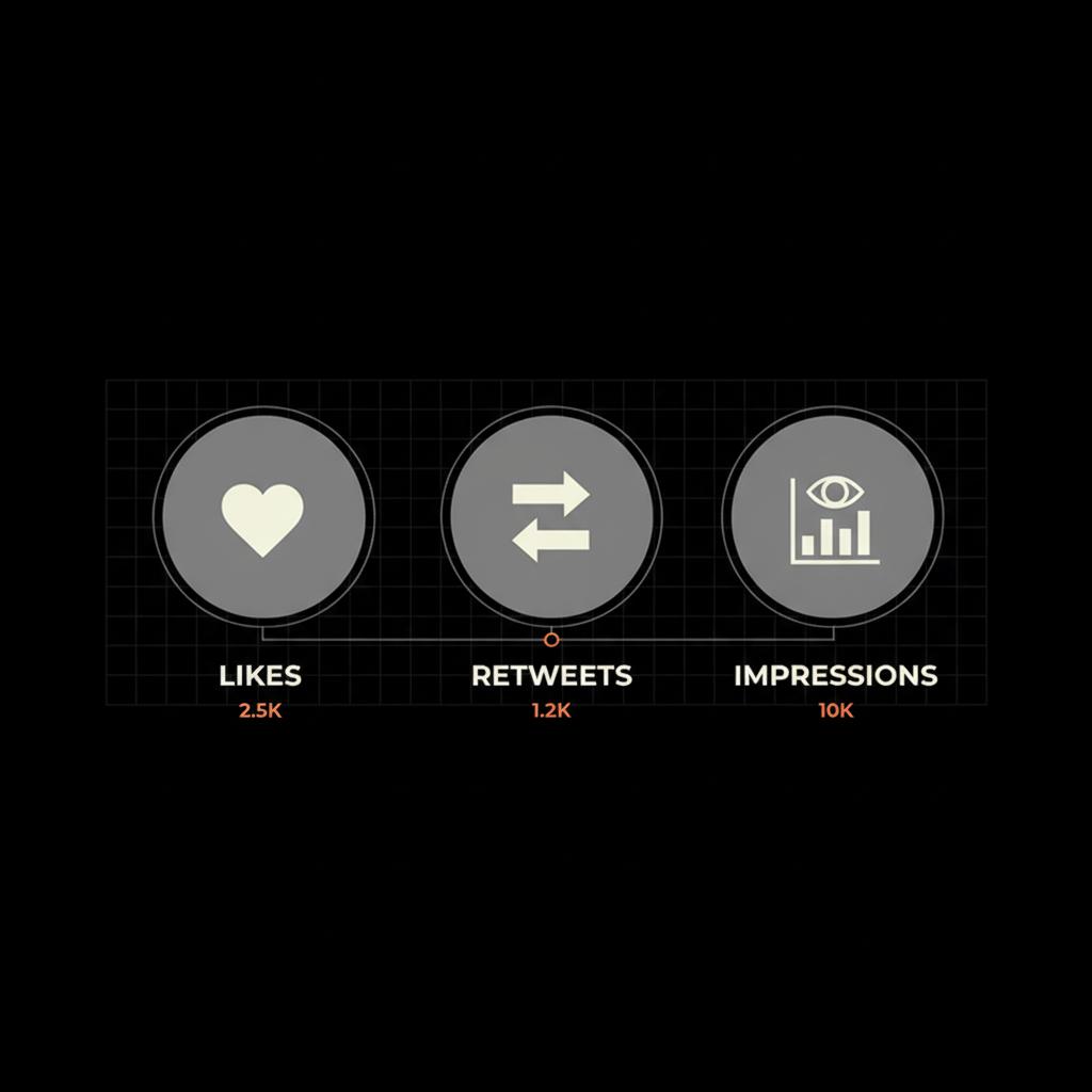Minimal vector infographic on black background showing three circular icons for likes, retweets, impressions in brand colors #dddddd, #edf1e9 and #dc5c2b — visual for most popular tweet ever