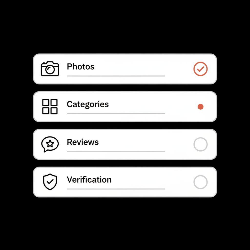 Minimal 2D vector checklist infographic with icons for Photos, Categories, Reviews, Verification in Social Success Hub brand colors to get my business on Google