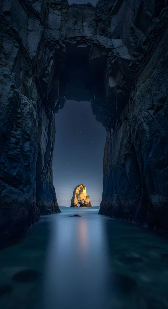 Dramatic Sea Cave View of Illuminated Sea Stack