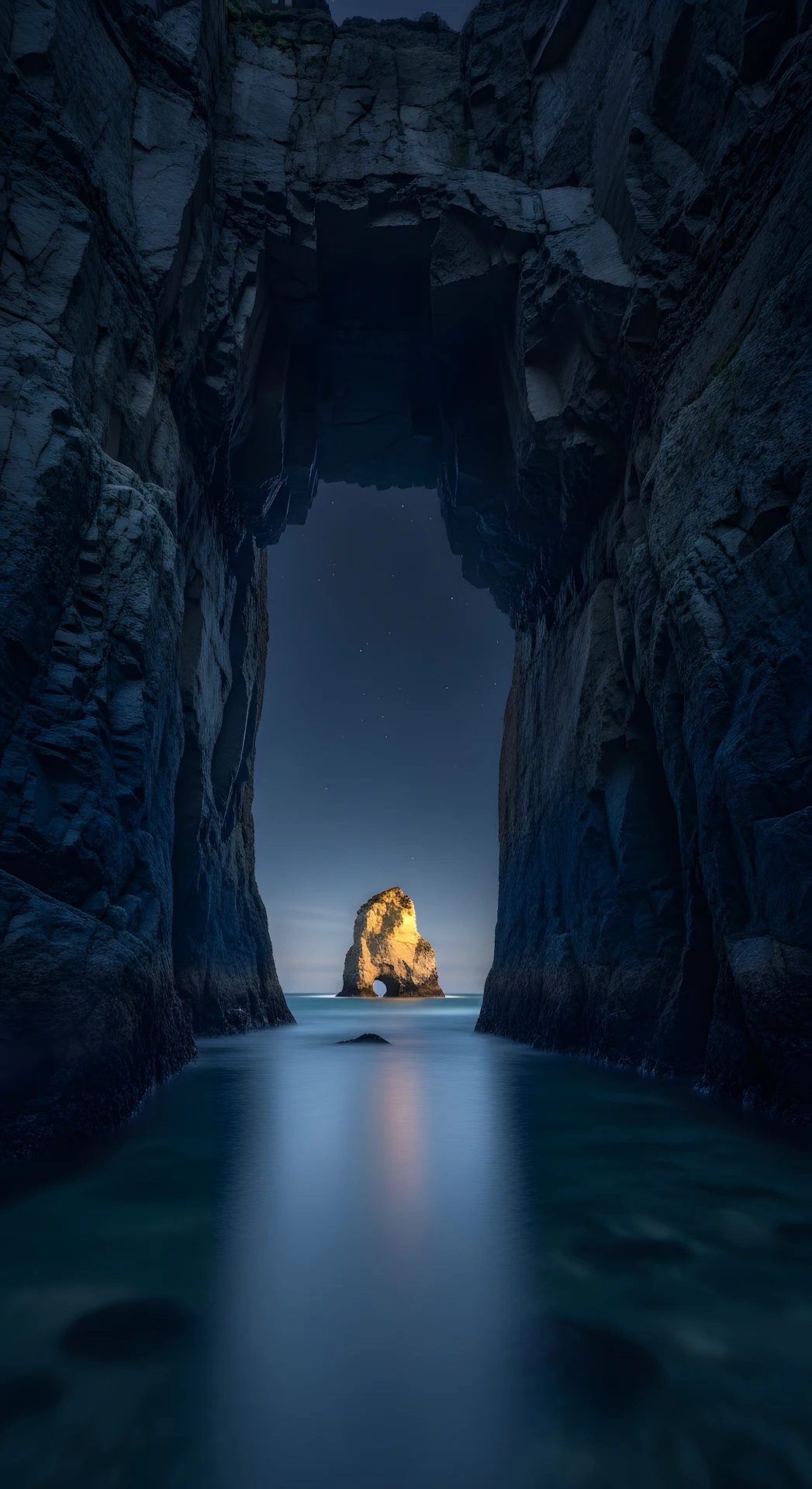 Dramatic Sea Cave View of Illuminated Sea Stack - Free 4K mobile Wallpaper