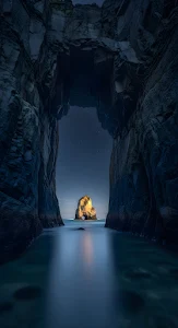 Dramatic Sea Cave View of Illuminated Sea Stack
