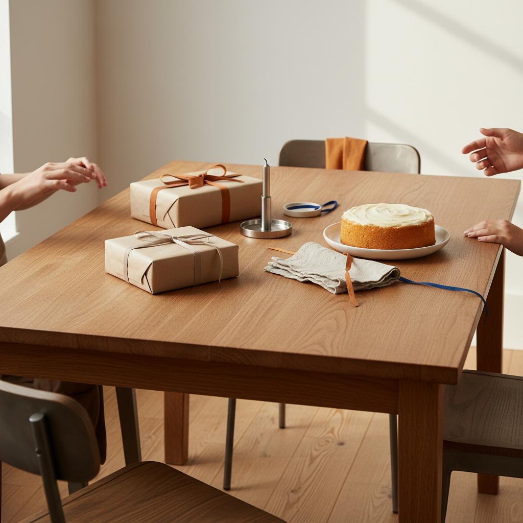 Intime Esstischszene mit wenigen, sorgfältig verpackten Geschenken und Vanillekuchen – geschenkideen für geschwister im warmen, leicht industriellen Ambiente