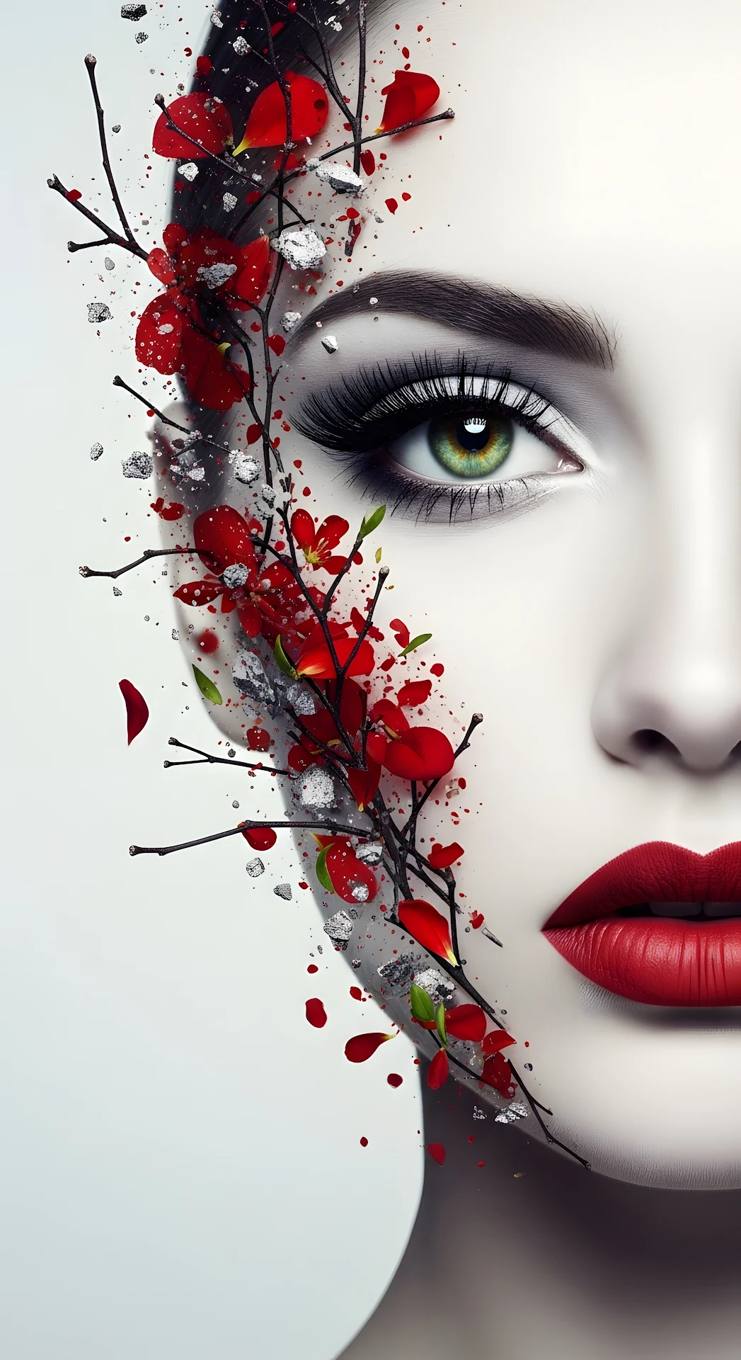 Surreal Portrait of Woman with Exploding Red Flowers - Free 4K mobile Wallpaper