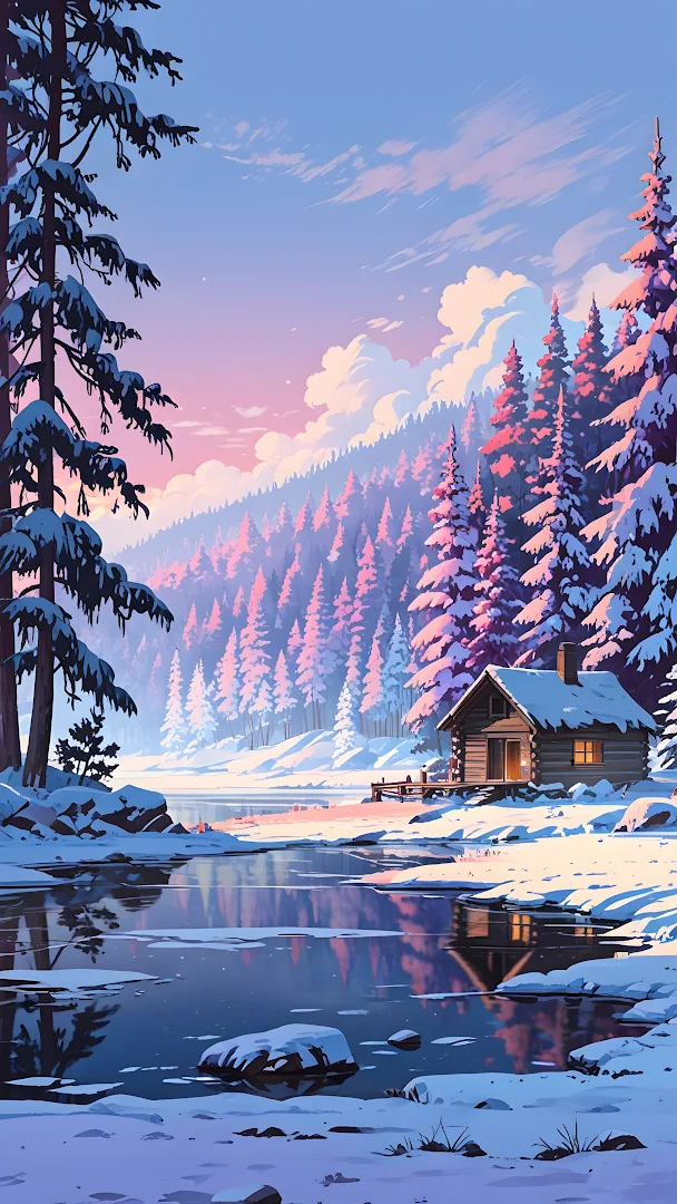 Cozy Log Cabin by Frozen Lake in Pastel Winter Forest