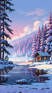Cozy Log Cabin by Frozen Lake in Pastel Winter Forest