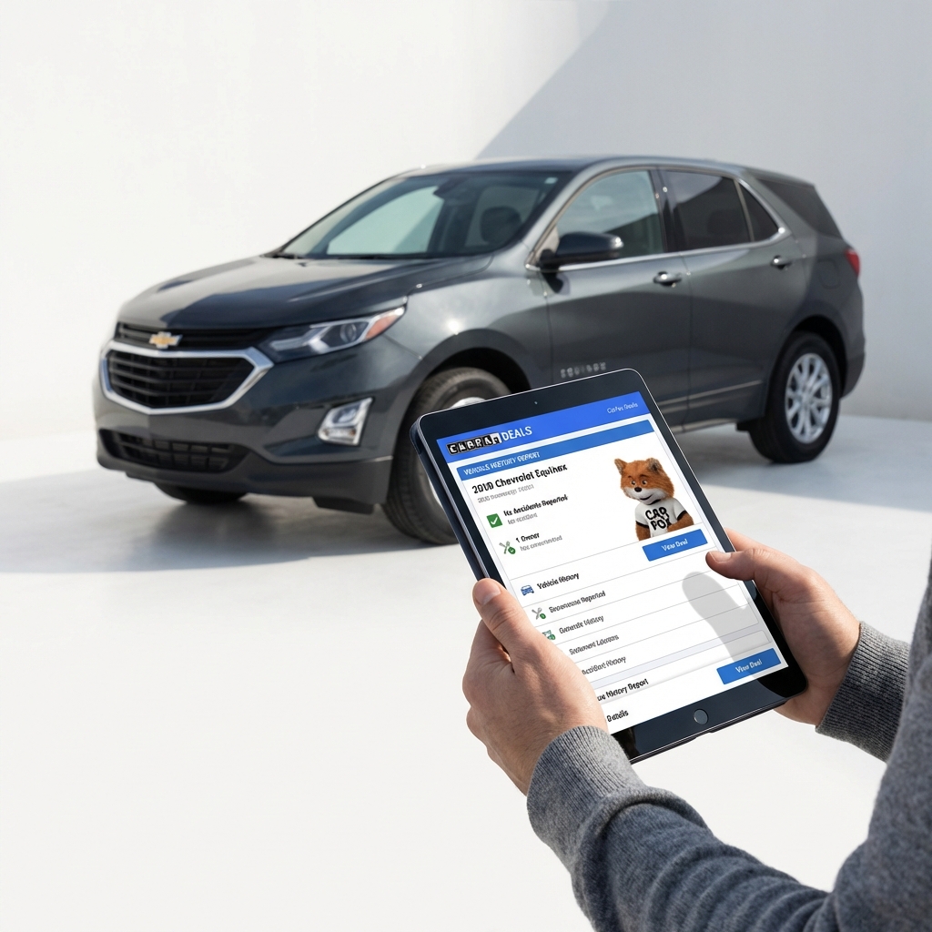 Buyer holding a tablet showing a vehicle history report next to a parked chevy equinox suv on a clean white background
