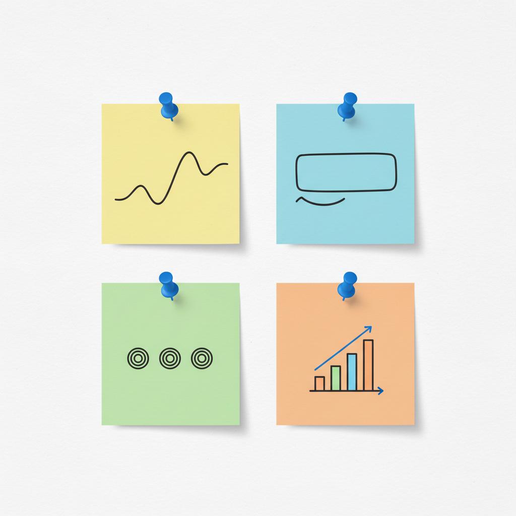 Close-up vector illustration of hand-drawn sticky notes on a white textured board showing a vision squiggle, value bar, three voice-adjective marks and a small KPI chart &mdash; 4 V's of branding