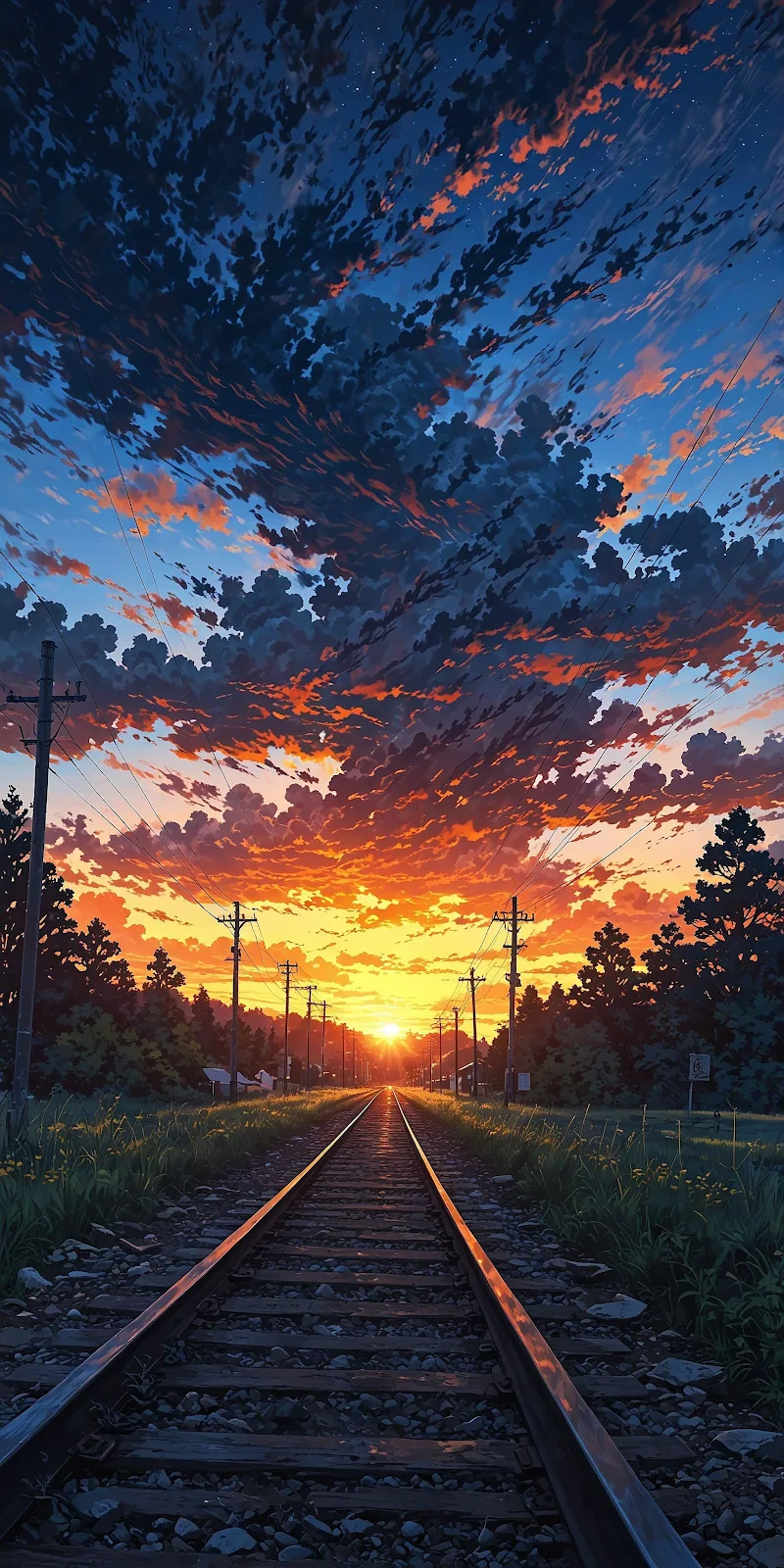 Sunset Over Railroad Tracks - Anime Digital Art 2K iPhone Wallpaper (2048x4096)