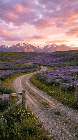 Gravel Road through Lupine Fields to Mountains at Sunset