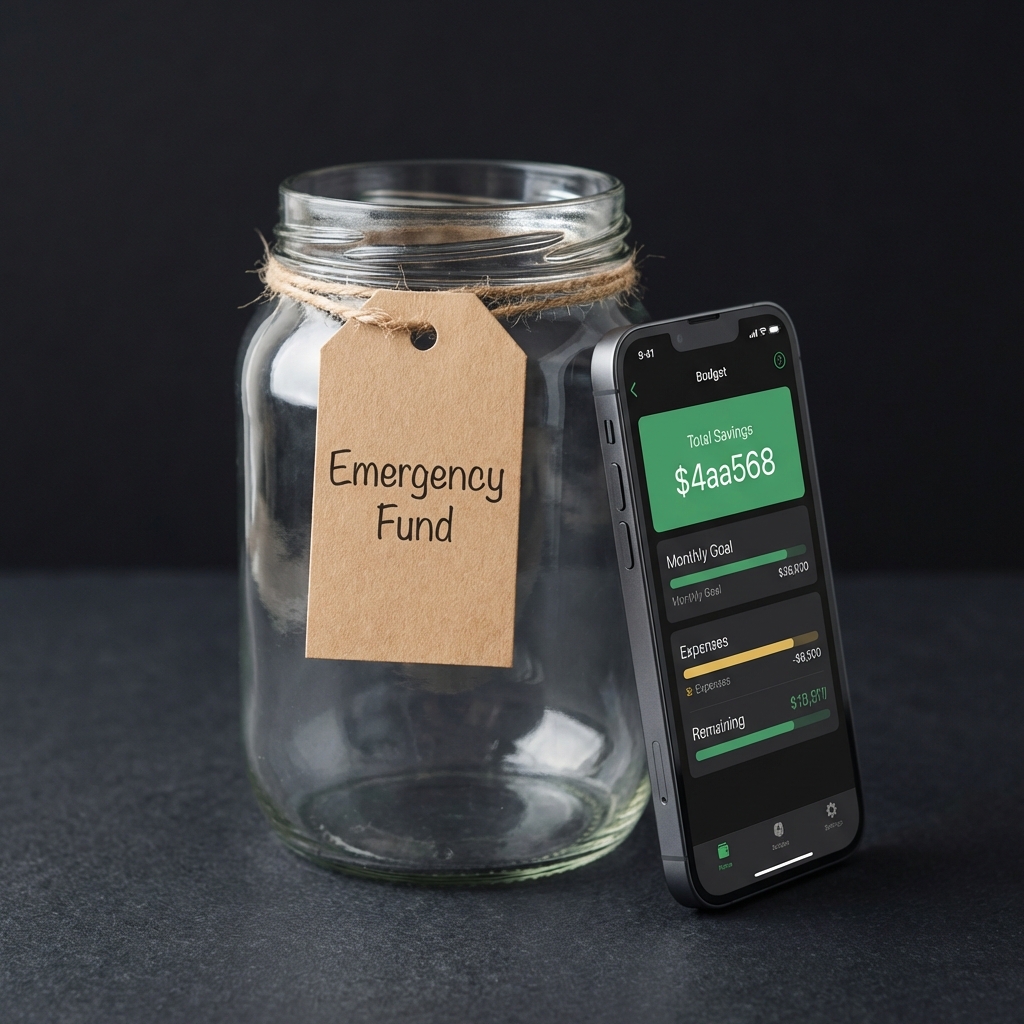 Close up of a labeled Emergency Fund savings jar beside a phone showing a budget app screen representing wealth building strategies on a dark minimal background