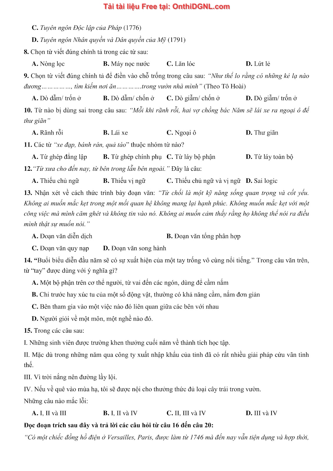 500 bài tập môn Ngữ Văn - Ôn thi ĐGNL ĐHQG TP HCM Phần 10