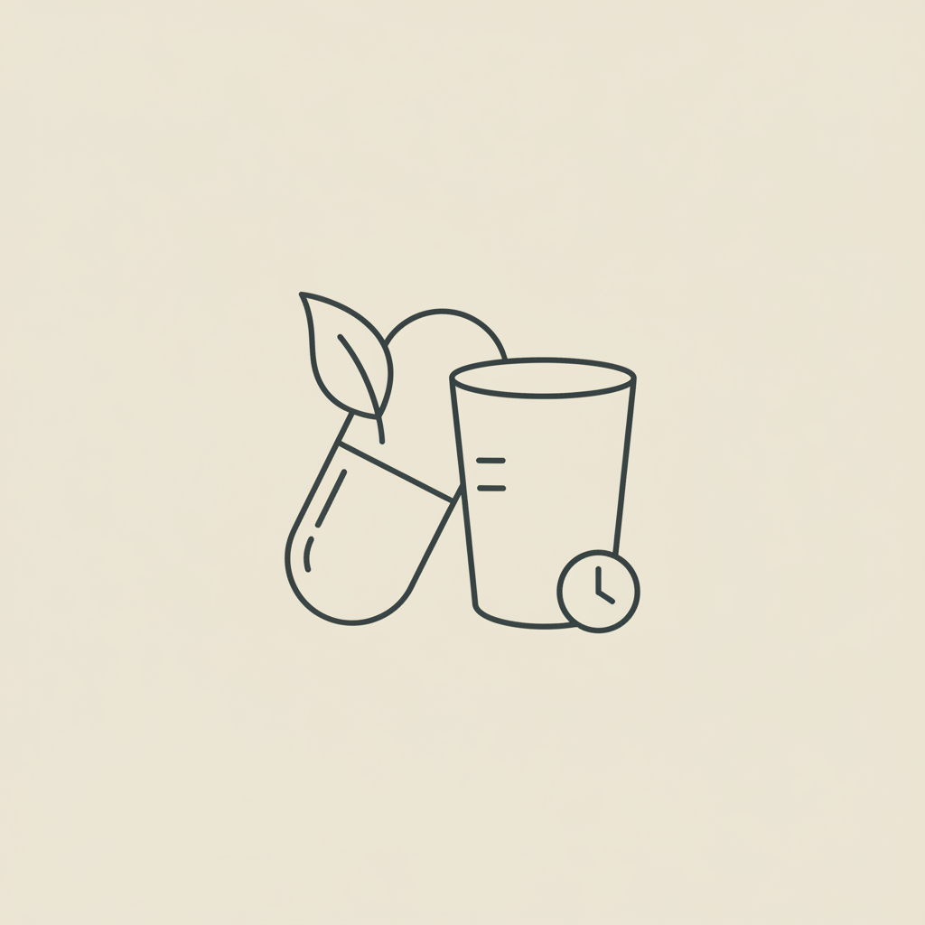 Minimalist line illustration of a capsule, small leaf and water glass with a subtle clock hand on beige background representing thermogenic supplements duration
