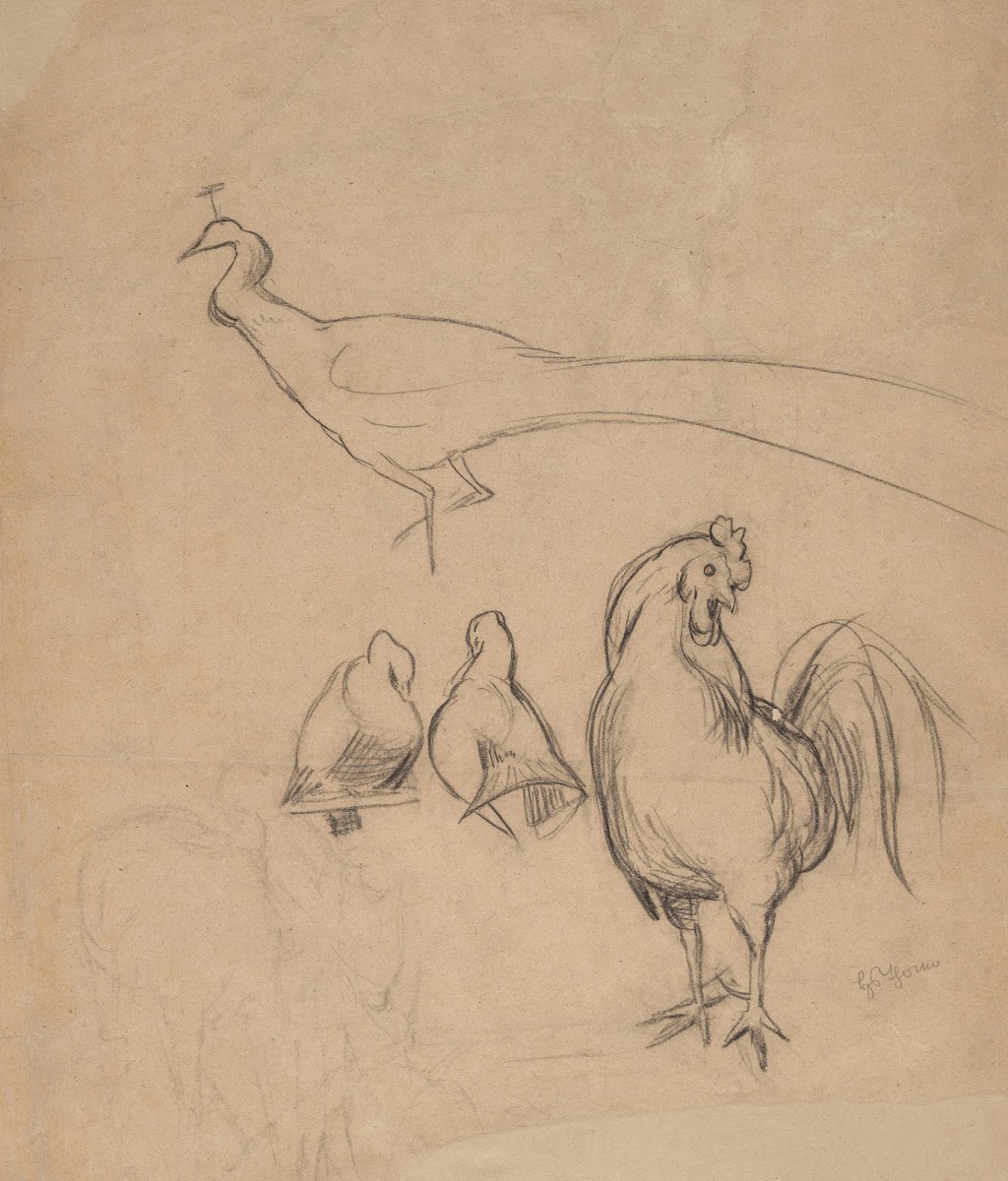 Peacock Rooster and Two Pigeons 1860   1880