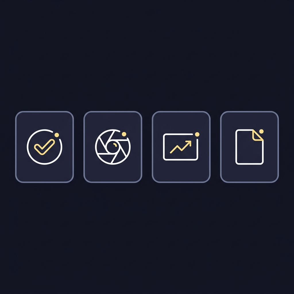 Minimal 2D vector checklist with confirm capture monitor and document icons on a deep navy background using Funded Plays palette featuring best odds guaranteed