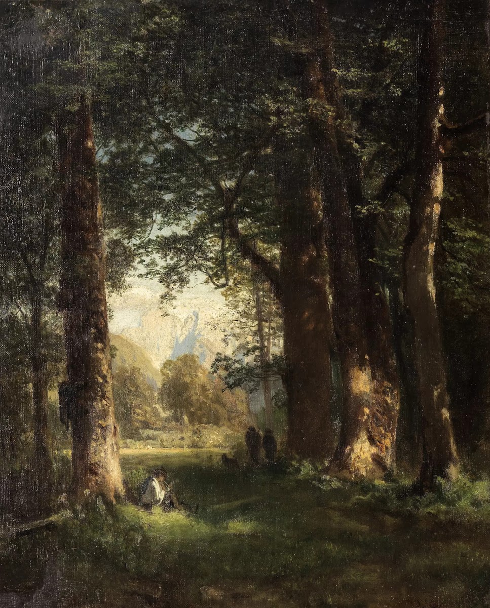 Waldlandschaft mit Figurenstaffage und Blick auf ein Gebirge 1867