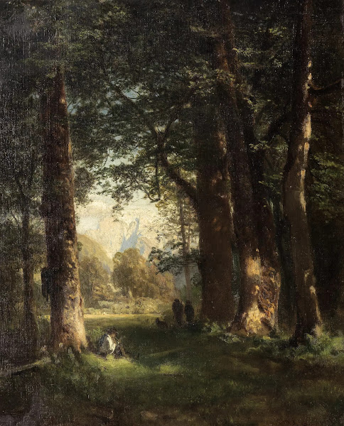 Waldlandschaft mit Figurenstaffage und Blick auf ein Gebirge 1867