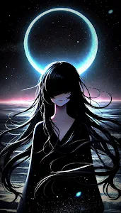 Mysterious Anime Girl Under Blue Eclipse Night Sky Art