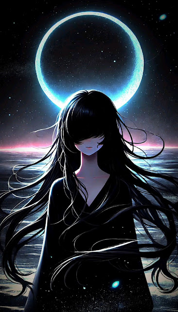 Mysterious Anime Girl Under Blue Eclipse Night Sky Art - Free mobile Wallpaper