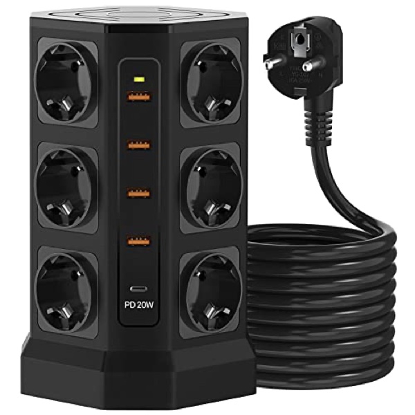 Aigostar Regleta WiFi Vertical en Torre con 12 Tomas y 6 USB
