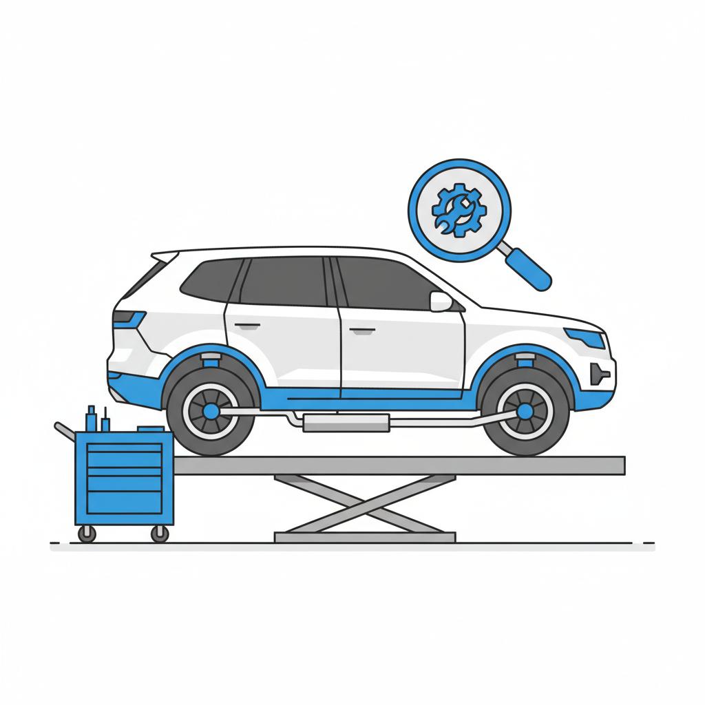 Minimalist 2D vector of an SUV lifted for a pre purchase undercarriage inspection in a clean garage using CarFax Deals colors suvs for sale