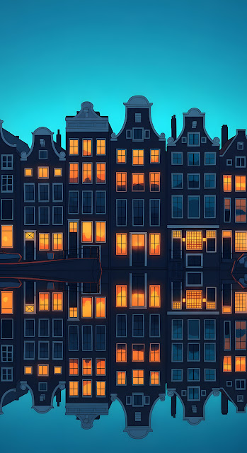 Illustrated Row of Amsterdam-Style Houses Reflected in a Canal at Blue Hour - Free mobile Wallpaper
