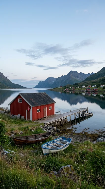 Red Boathouse and Pier in Icelandic Fjord at Dusk