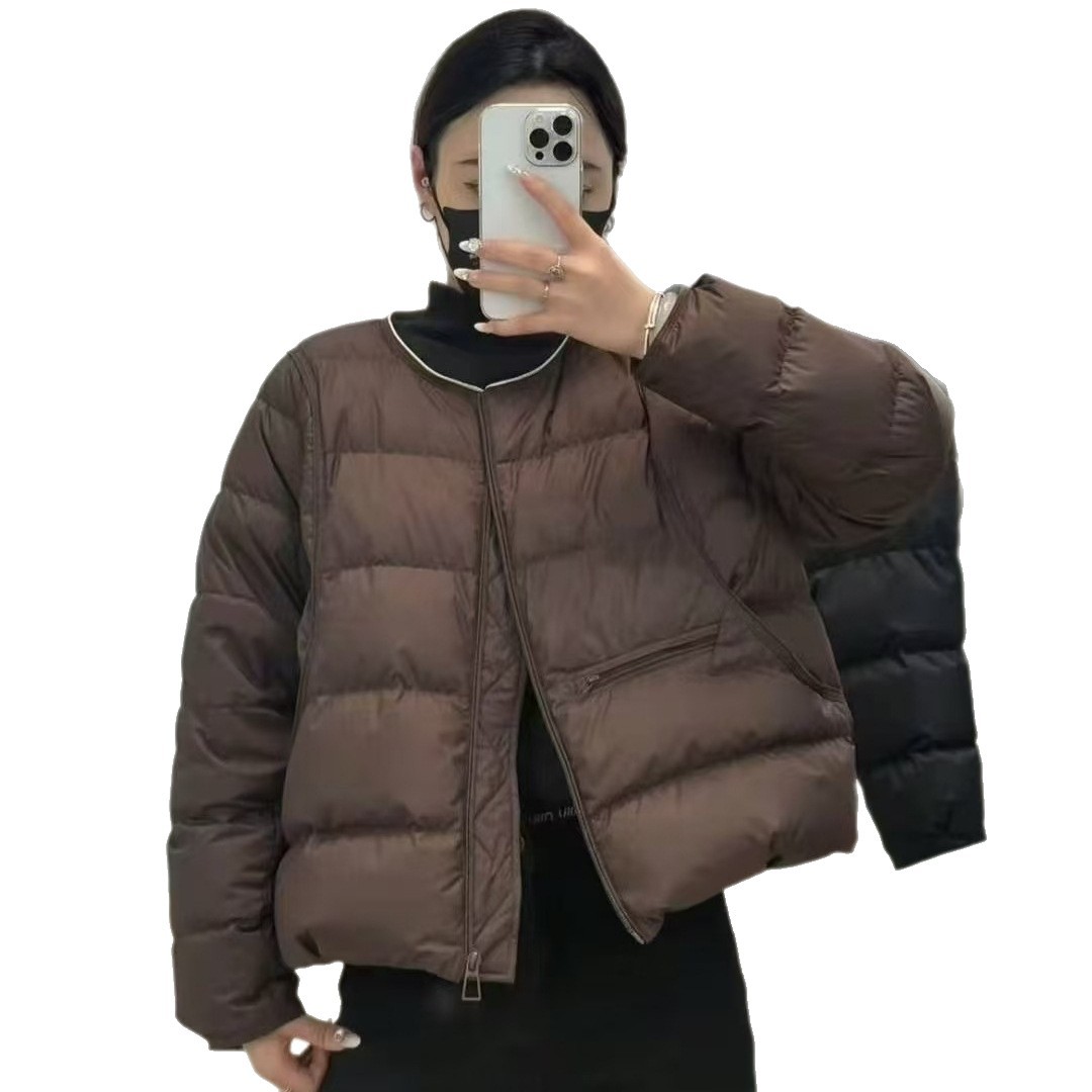 Lightweight short down jacket with round neckline