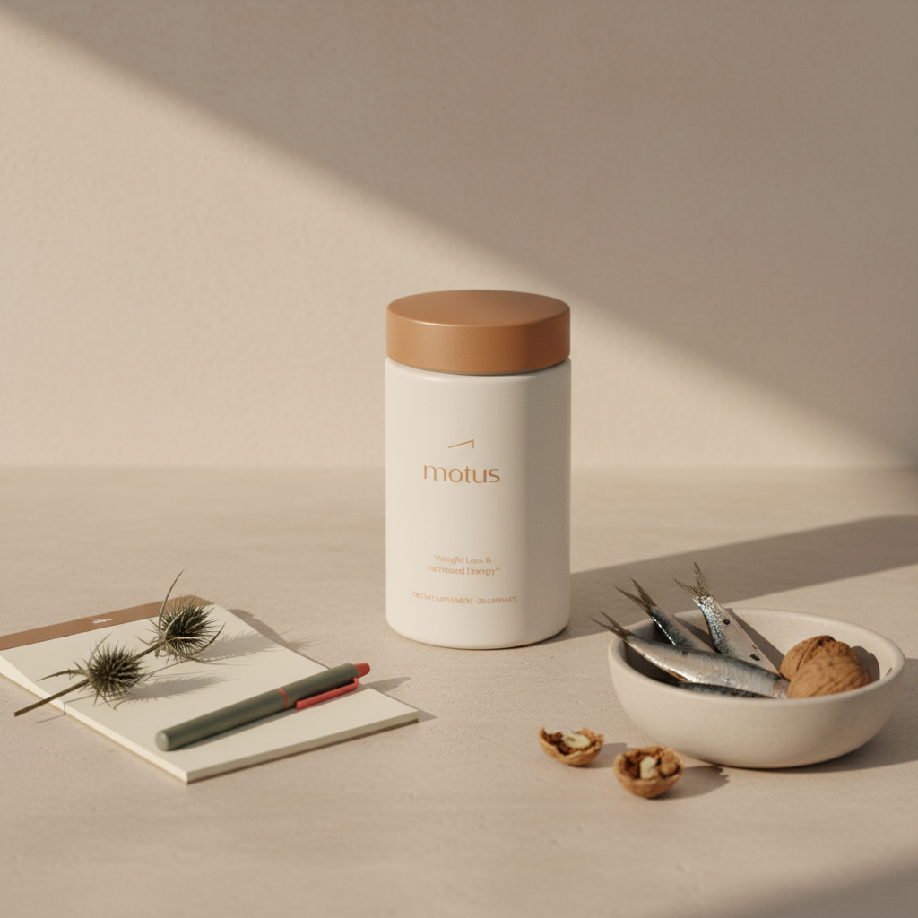 Minimalist product photo of the Nouro supplement bottle on a neutral countertop with milk thistle sprig and a small bowl of omega-3 foods — do brain supplements work