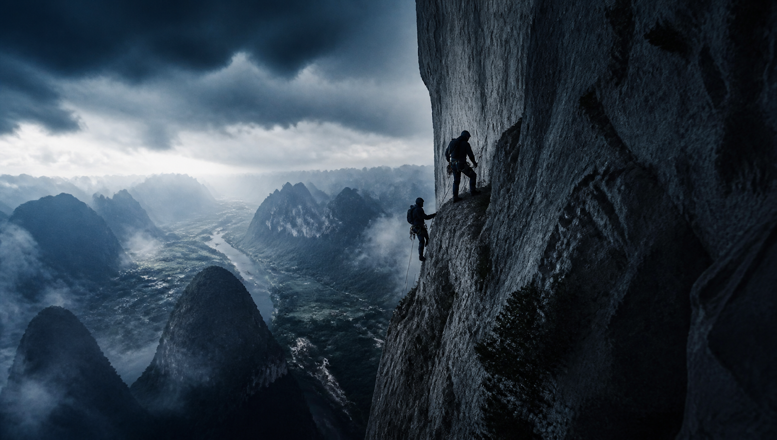 Fall 2: Deadpoint movie title art with climbers on a steep mountain ridge