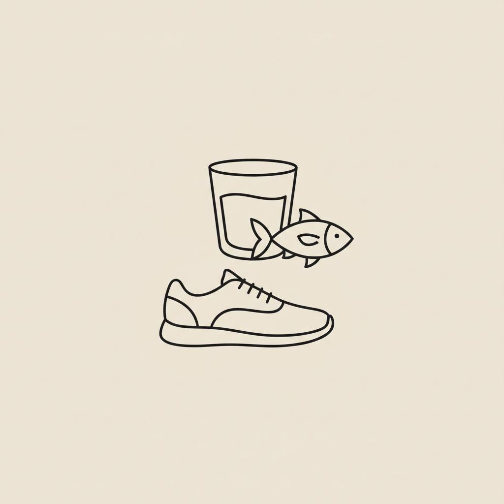 Minimal Tonum-style line illustration of a water glass, walking shoe, and fish on beige background to symbolize ways to clear brain fog naturally.