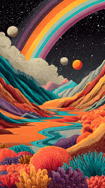 Vibrant Psychedelic Alien Landscape Rainbow Mountains - Free mobile Wallpaper
