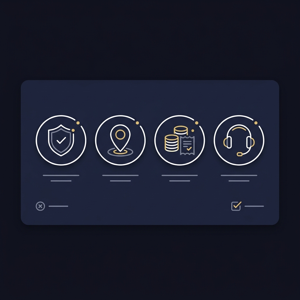 Minimalist flat vector checklist with icons for age verification geolocation taxes and help resources on a dark Funded Plays background for vt sports betting