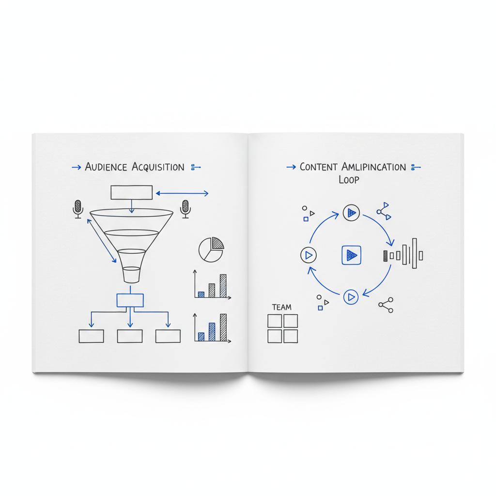 Notebook sketch of creator seeding and hashtag-challenge flowcharts with camera, music note, and ticket icons on white paper, dark grey ink and blue accents &mdash; TikTok event promotion