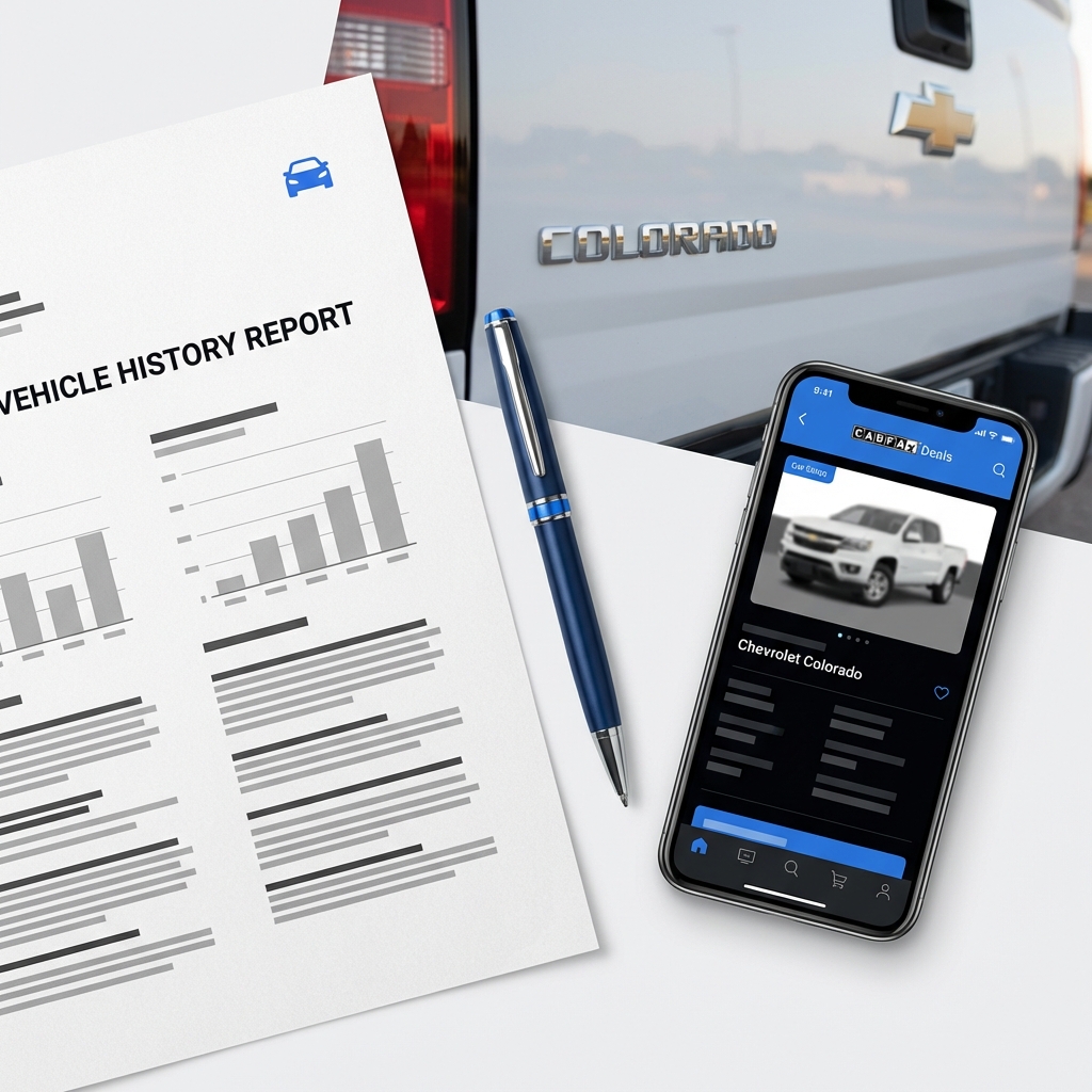 Close up vehicle history report printout next to a pen and smartphone showing a listing with chevy colorado for sale badge visible in background on white minimalist layout