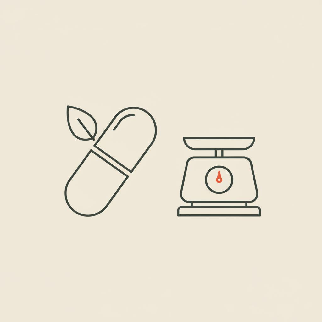 Minimal Tonum-style vector line illustration of a capsule, leaf, and simplified scale on a beige background representing over-the-counter weight loss pills