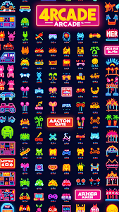 Retro Neon Arcade Game Icons Grid, 8-Bit Pixel Art