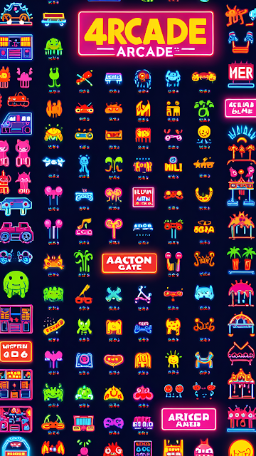 Retro Neon Arcade Game Icons Grid, 8-Bit Pixel Art - Free mobile Wallpaper