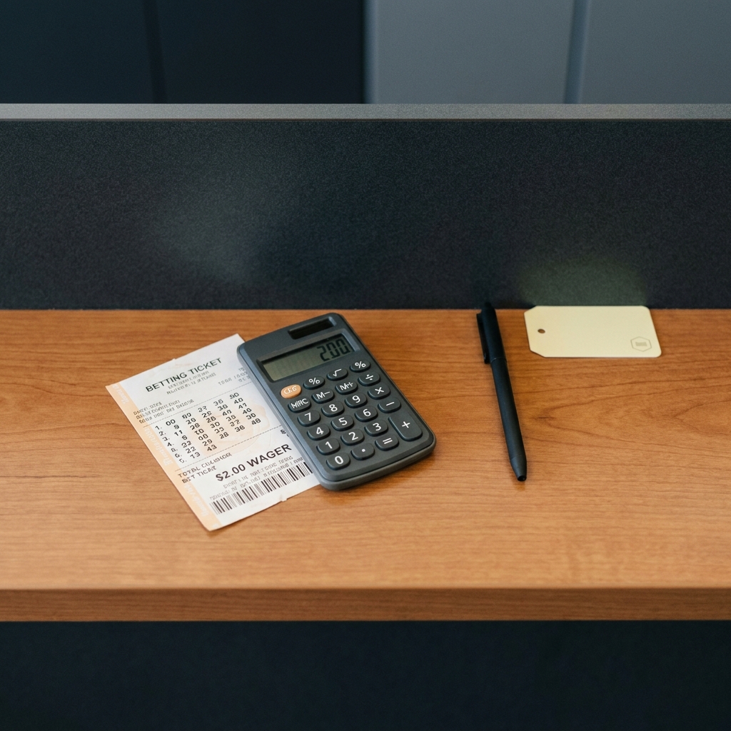 Minimal close up of a two dollar betting ticket and small calculator on a wooden counter suggesting arithmetic verification and cost analysis for 4 horse trifecta box cost